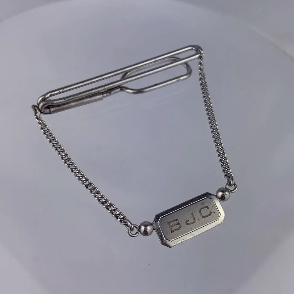 Initial B J C Sterling Silver Tie Clip Bar Curb Chain Modern Swank Vintage